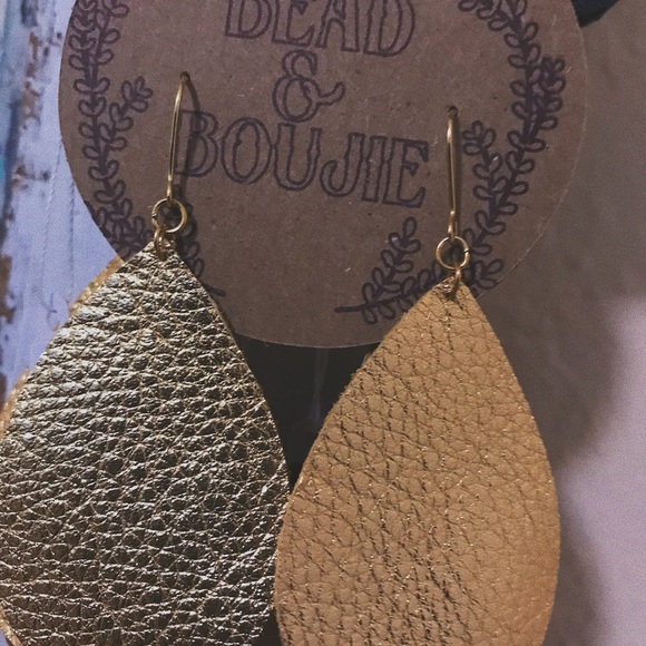 Genuine Metallic Gold Leather Teardrop Lightweight Dangle Statement Earrings - Picture 8 of 8